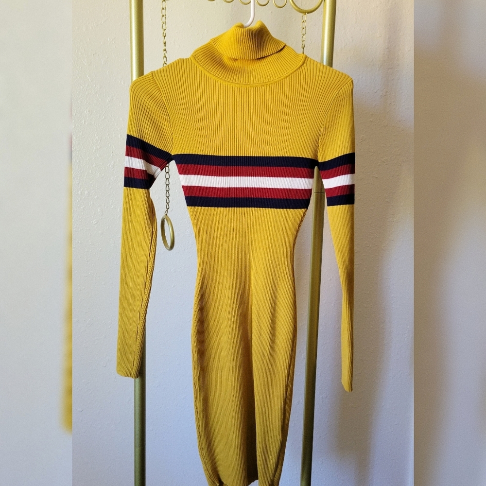 Fashion Nova Turtle Neck Striped Mini Knit Dress in Size S / Color Mustard
